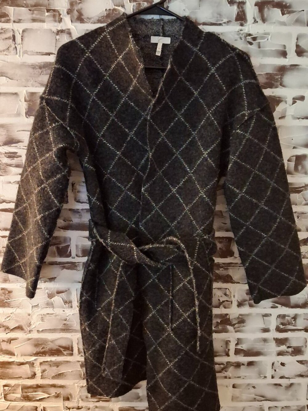 Joie XS Long Cardigan Sweater Jacket Black White Diamonds Belted Wool Blend